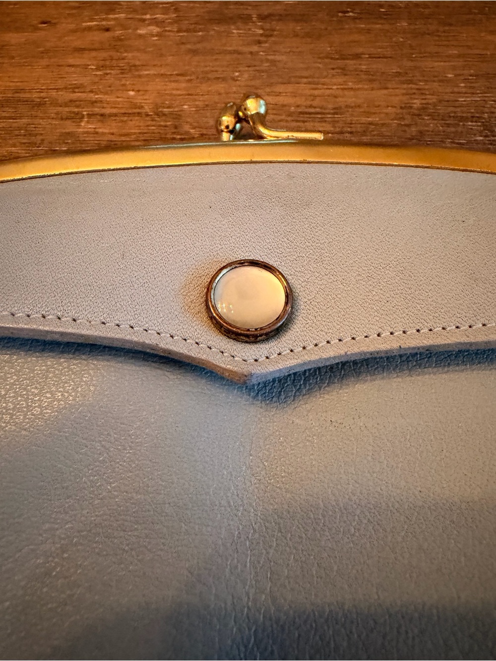 Vintage 1960s Bonnie Cashin Coach Sky Blue Leather Kisslock Clutch Plaid Pearl